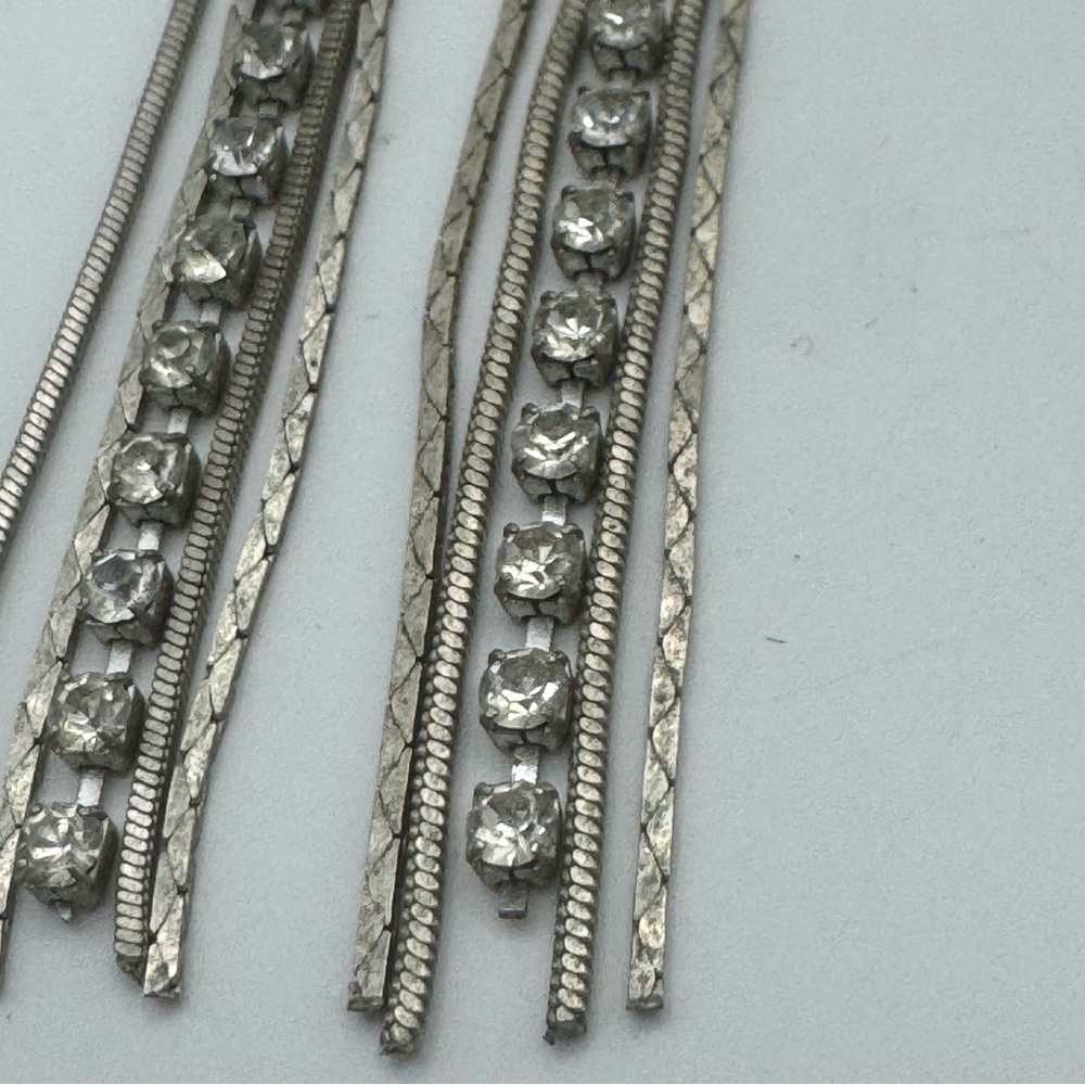 Silver Tone Rhinestone Fringe Drop Earrings Long Statement Style - Picture 2 of 5